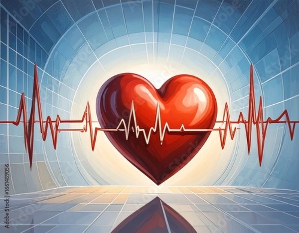 Fototapeta Background with red ECG (heart rate) lines on a white gradient. Suitable for medical designs, World Heart Day posters, or health campaigns.