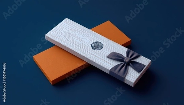 Fototapeta Two gift boxes, one white, one orange, intersected, with a dark gray bow
