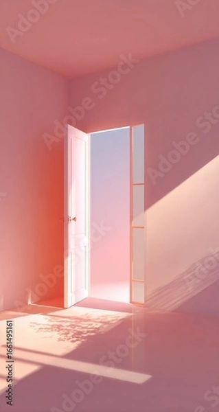 Fototapeta Soft pink room, open door to light. Sunlight streams in, casting shadows