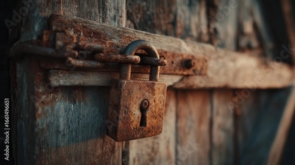 Obraz Old rusty padlock securing weathered wooden door in a rustic setting