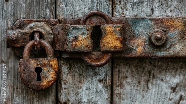 Obraz Old rusty padlock securing weathered wooden door in a rustic setting