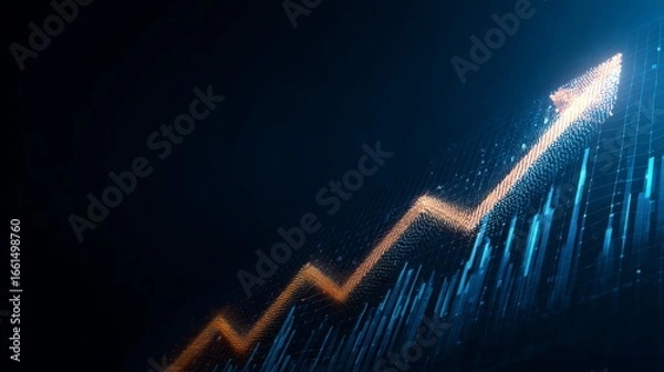 Obraz Business growth concept with rising arrow, digital financial data, market strategy charts, and technology-inspired circuit lines on dark blue background for corporate investment and profit visualizati