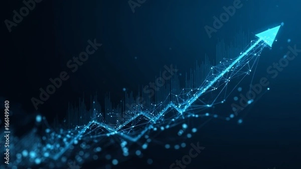 Obraz Business growth concept with rising arrow, digital financial data, market strategy charts, and technology-inspired circuit lines on dark blue background for corporate investment and profit visualizati