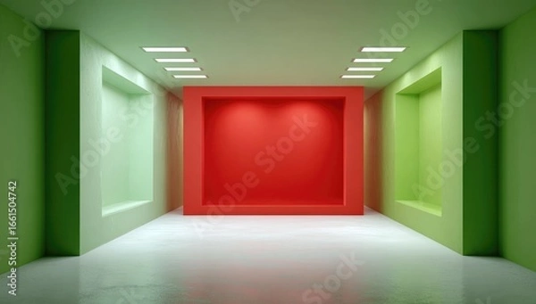 Fototapeta Empty retail space, light green and red display