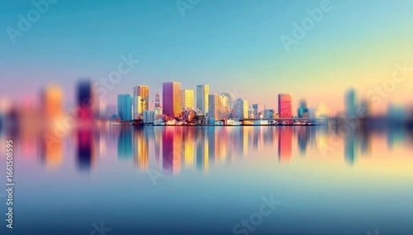 Fototapeta Colorful cityscape reflected in calm water at dawn/dusk