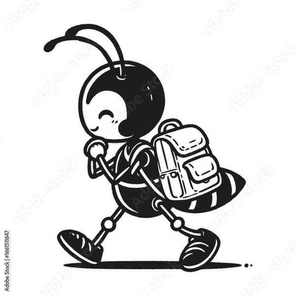 Fototapeta Whimsical cartoon ant walking with cheerful backpack and shoes in monochrome sketch style, vector