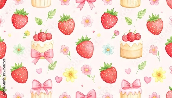 Obraz Watercolor Strawberry and Cake Seamless Pattern