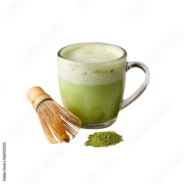 Obraz Frothy Matcha Latte with Whisk and Powder