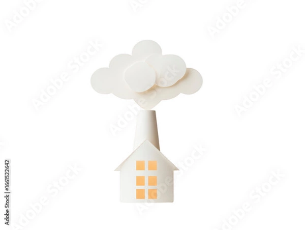 Obraz White house with yellow windows and paper smoke cloud, minimal style, isolated on transparency background, symbolizing eco friendly home and clean energy concept