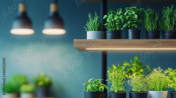 Fototapeta Indoor garden with diverse potted plants arranged on wooden shelves in a cozy space illuminated by warm lighting