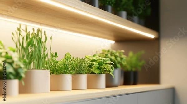 Fototapeta Indoor garden display with various potted herbs and plants under warm lighting