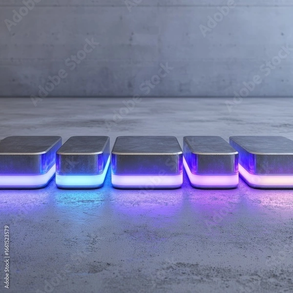 Fototapeta Five metal blocks, lit with vibrant light, sit on a concrete floor