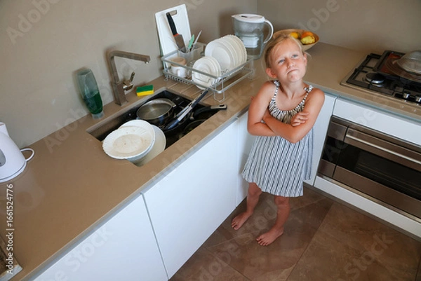 Obraz Child dreading kitchen cleaning with dishes stacked