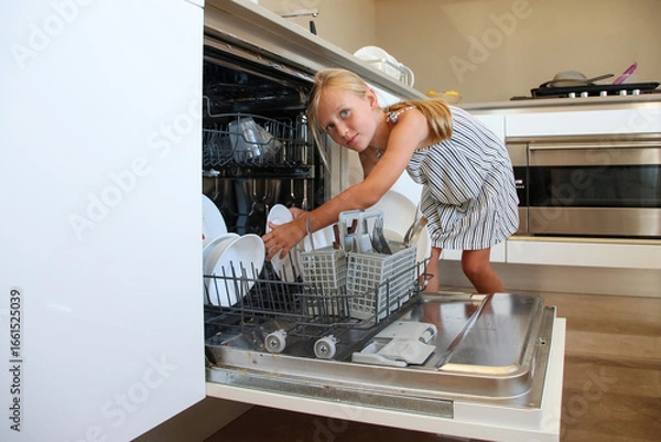 Obraz Young girl enjoying kitchen work while loading dishwasher