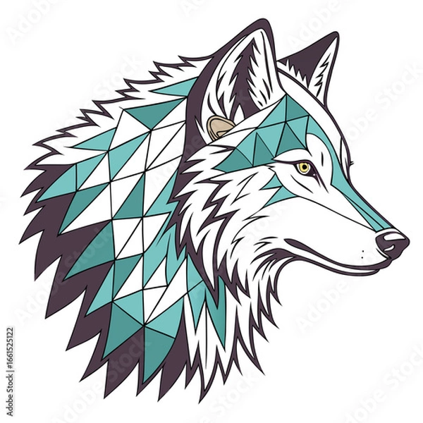 Fototapeta A geometric wolf head with teal and purple triangles creates a modern, abstract design, , showcasing a unique artistic style