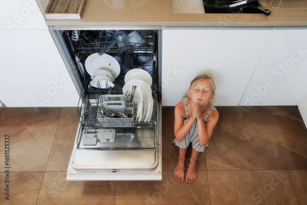Obraz Girl with arms crossed sitting in front of dishwasher