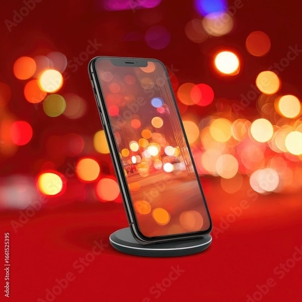 Fototapeta A smartphone rests on a dark gray wireless charger, displayed against a backdrop of blurred, vibrant, festive lights.  The phone's screen shows a bokeh image of warm-toned, city lights