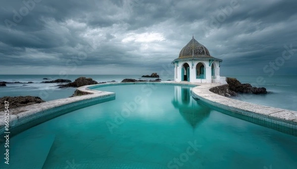 Fototapeta Coastal pool with a small, domed structure.  Dramatic sky