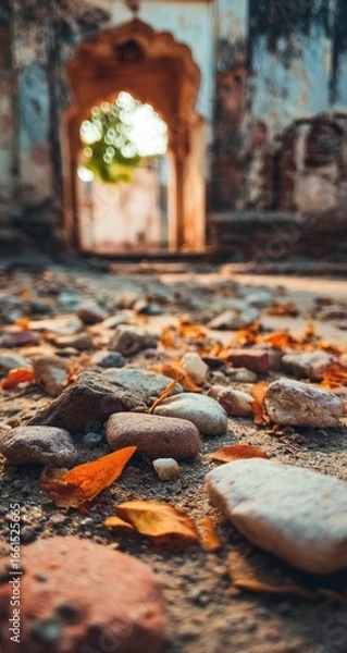 Fototapeta Ruined archway path, stones, autumn leaves.  Low angle view of a crumbling archway.  Colorful stones and orange leaves cover the path.  Sunlight streams through the opening