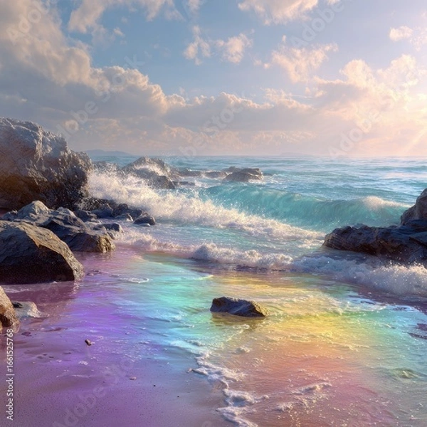 Fototapeta A vibrant beach scene with a rainbow effect on the wet sand.  Waves crash against large rocks. A beautiful sky with clouds and light