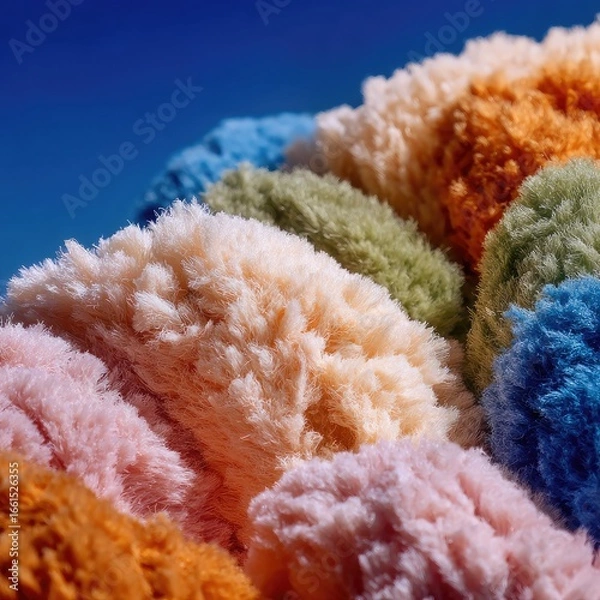 Fototapeta Close-up of colorful, fluffy fabric swatches stacked against a vibrant blue sky