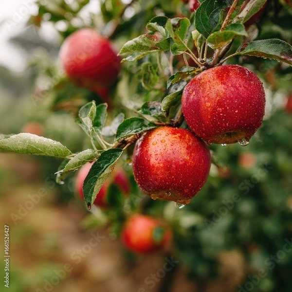 Fototapeta Fresh red apples on a tree branch, glistening with water droplets