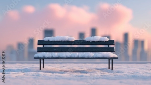 Fototapeta A dark grey park bench, dusted with snow, sits in a snowy urban setting at dawn or dusk. Soft pink and purple clouds drift above a cityscape of modern buildings