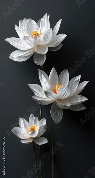 Fototapeta Three elegant white lotus flowers, delicate petals,  soft lighting against a dark gray background