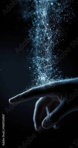 Fototapeta A hand, lit from within, appears to disperse a shimmering, liquid-like substance