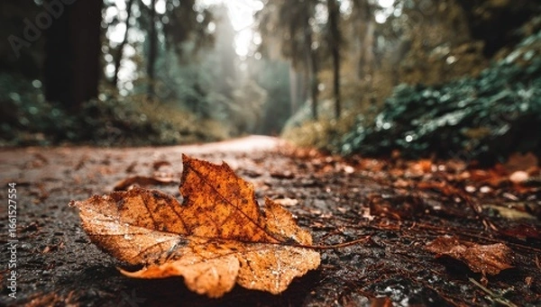 Fototapeta Autumn leaf on a forest path (1)