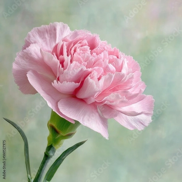 Fototapeta Close-up of a single, pale pink carnation.  Soft focus, gentle lighting, delicate petals