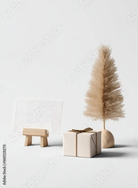 Fototapeta Minimalist Christmas scene with a card, small tree, and gift