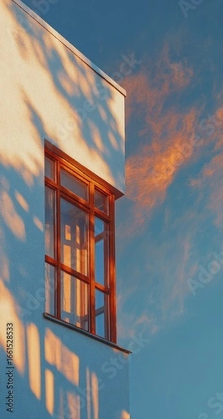 Fototapeta A sunlit corner of a modern house, with long shadows stretching across a white wall, a framed window, and a vibrant sunset