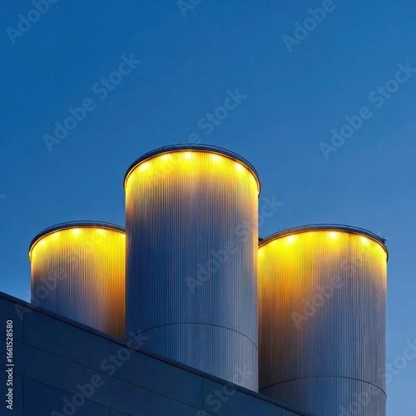 Fototapeta Three cylindrical structures, likely industrial tanks, are topped with rings of bright yellow lights against a twilight sky.  The tanks' corrugated metal surfaces are visible