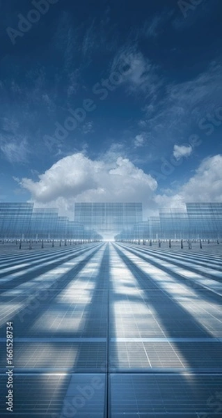 Fototapeta Vast paved avenue, shadows stretch toward a distant, imposing structure under a vast sky