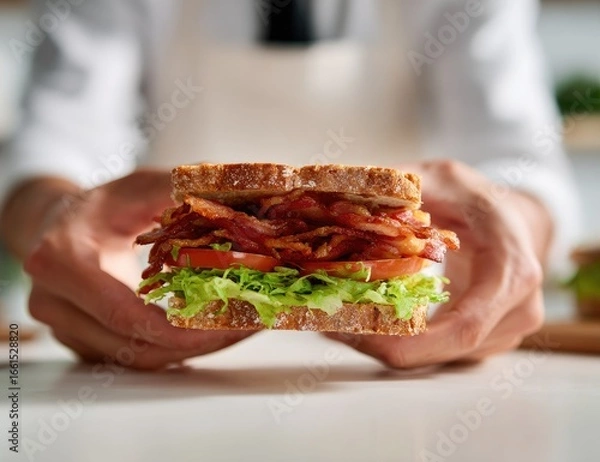 Fototapeta A close-up view of two hands holding a bacon, lettuce, and tomato sandwich. The sandwich is centered in the image, with the hands positioned to showcase it.  