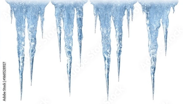 Fototapeta Icicles hanging from a roof edge, against a white background.  The icicles are various sizes, and have a textured, crystal-like appearance