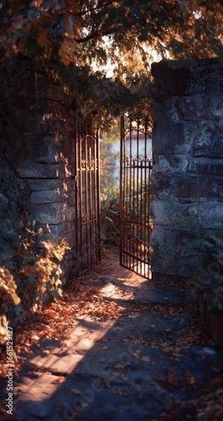 Fototapeta Sunlight streams through an old stone gate
