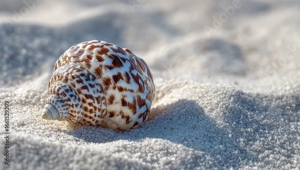 Fototapeta A seashell rests on a sunlit beach.  Close-up of a detailed, mottled, spiral seashell set against fine, white sand