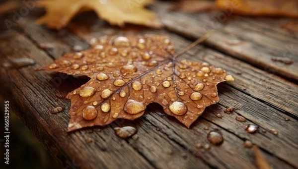 Fototapeta A close-up of a wet autumn leaf on weathered wood