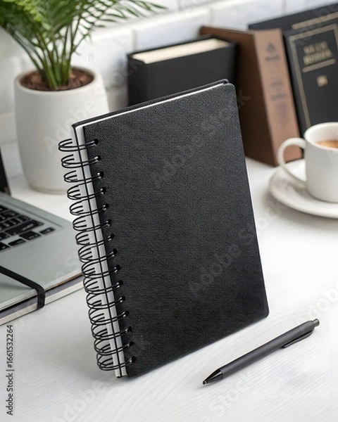 Fototapeta A black spiral notebook with a pen on a white desk near a laptop and a cup of coffee and books