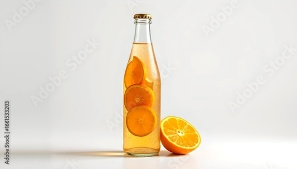 Fototapeta A refreshing beverage with orange slices in a clear glass bottle