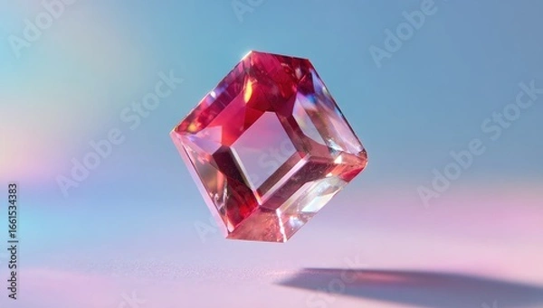 Fototapeta Floating, translucent, pink-red cube.  A 3D rendered cube, vibrant pink-red, with light refracting through its facets.