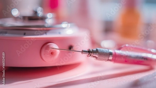 Fototapeta Close-up of a pink device and a syringe.  A small, pink, round device, resembling a miniature hotplate or incubator, is in focus. 