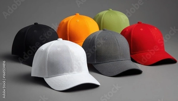 Fototapeta Six baseball caps in various colors arranged on a gray background