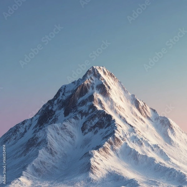 Fototapeta Snowy mountain peak against a pale, pastel sky.  A majestic, snow-capped peak dominates the image, with soft, light colors suggesting a sunrise or sunset. 