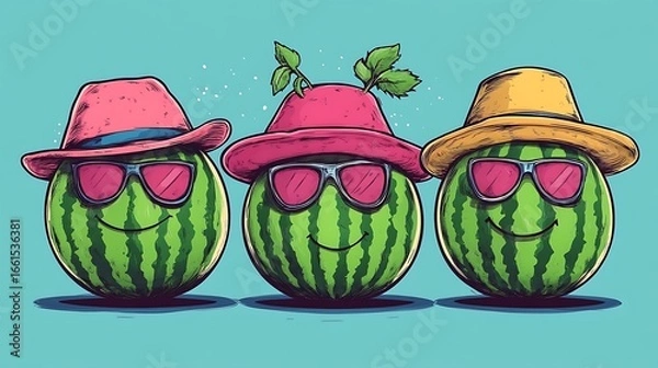Fototapeta Watermelons with hats and sunglasses