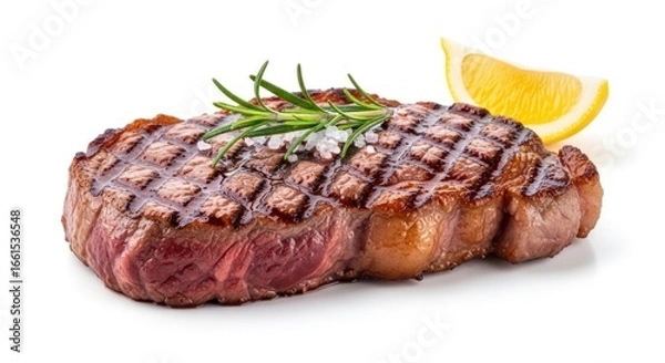 Fototapeta Succulent Medium-Rare Beef Steak with Diamond Grill Marks, Fresh Rosemary, and Coarse Salt