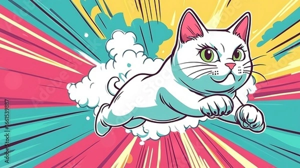Fototapeta Whimsical white cat flying cartoon illustration