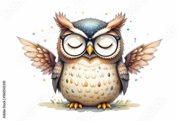 Fototapeta A charming watercolor illustration of a sleepy owl doll with closed eyes, wearing glasses, and with small wings, isolated on a clean white background.